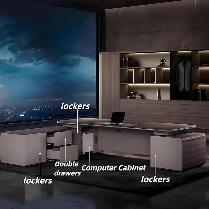 Modern Executive Desk – Large Office Desk with Storage Cabinets, Hidden Power Box, Solid Wood Executive Office Desk for Home Office, Fully Assembled (Desk,110.3IN)