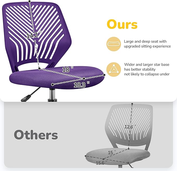 Yaheetech Students Cute Desk Chair Low-Back Armless Study Chair w/Lumbar Support Adjustable Swivel Chair in Home Bedroom School, Purple