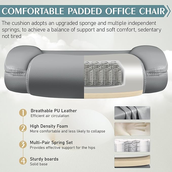 Leather Office Chair, PU Home Computer Desk Chairs with Ergonomic Back Support, 360°Swivel Free,Small Gaming Chair with Wheels and Adjustable Armrests, for Short People Use, Gray