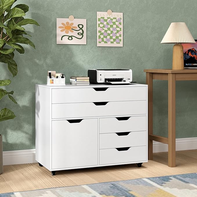 LOKO 5-Drawer File Cabinet, Mobile Chest of Drawers with Side Cabinet, Door Cabinet with 5 Casters, Rolling Lateral Filing Cabinet, Storage Cabinet Unit for Living Room, Study, Home Office