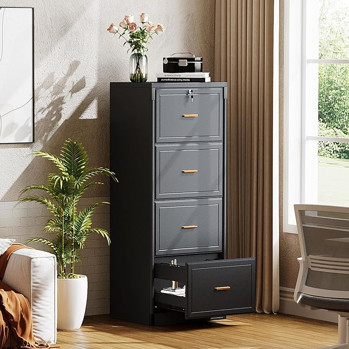Tribesigns 4-Drawer File Cabinet with Lock, Locked File Cabinet with Key, Tall Wooden Filing Cabinets for Home Office, Vertical Office Storage for Legal Size/Letter/A4/Files, Black (2 Piece)