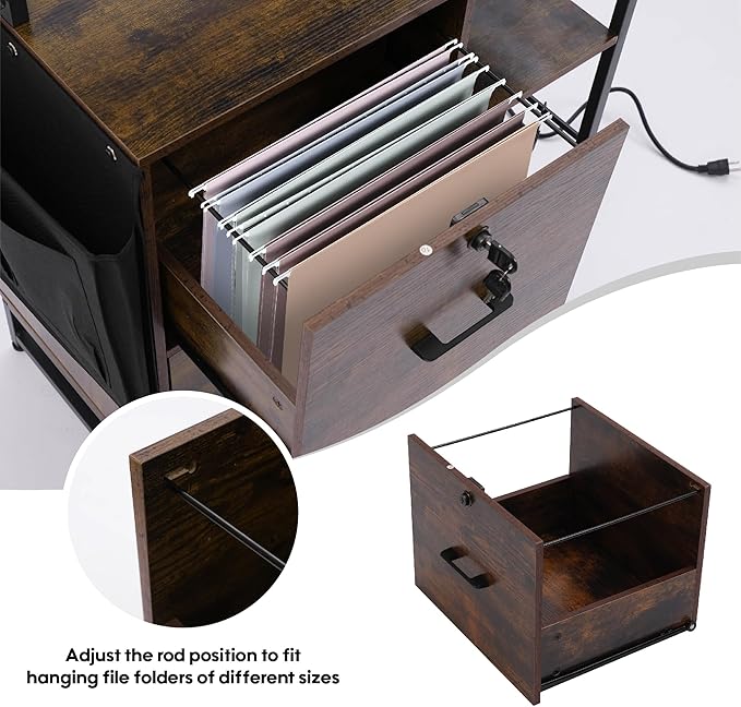 Vertical File Cabinet,Filing Cabinet with Shelves,Charging Station,Hanging Pouch and Hooks,Vertical Filing Cabinet Fits Letter/A4/Legal Size (Wood)