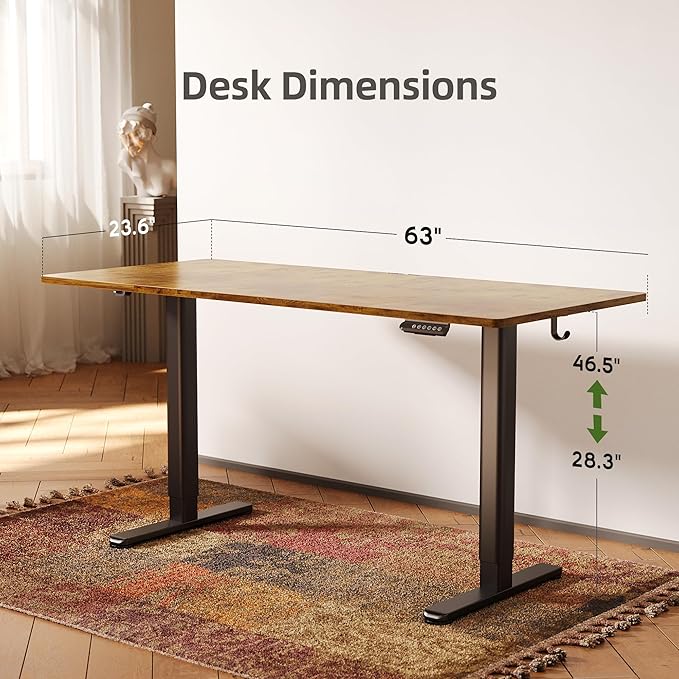 INNOVAR Electric Standing Desk, Adjustable Height Stand up Desks, 63 x 24 Inches Sit Stand up Desk for Home Office Computing, 3-Preset Memory Height Ergonomic Rising Desks, Rustic Brown