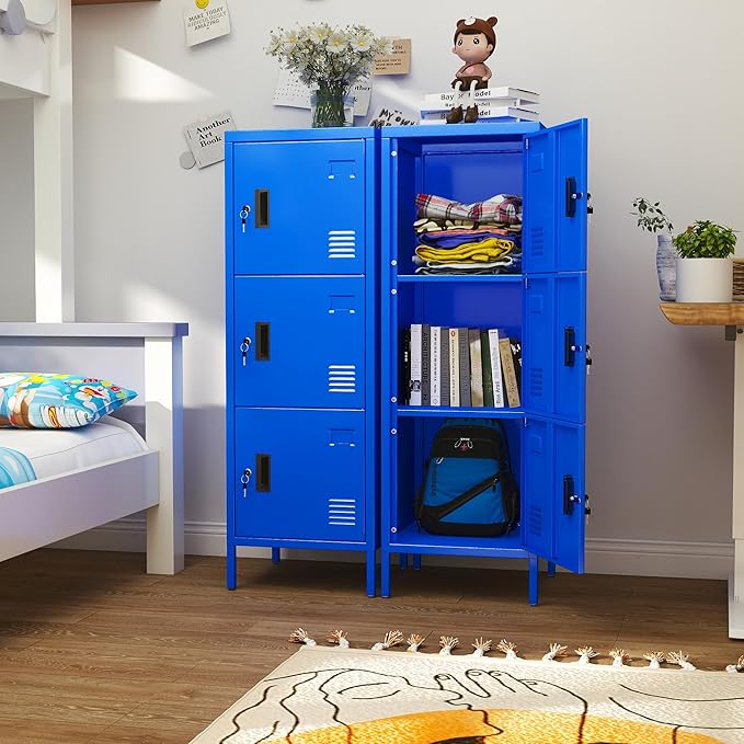 Metal Locker with Ventilation Holes, Metal Storage Cabinet with Lock and Card Slof for Home,School, Office, Gaeage,47.3" H x 15.8" W x 15.8" D,Assembly Required,Blue
