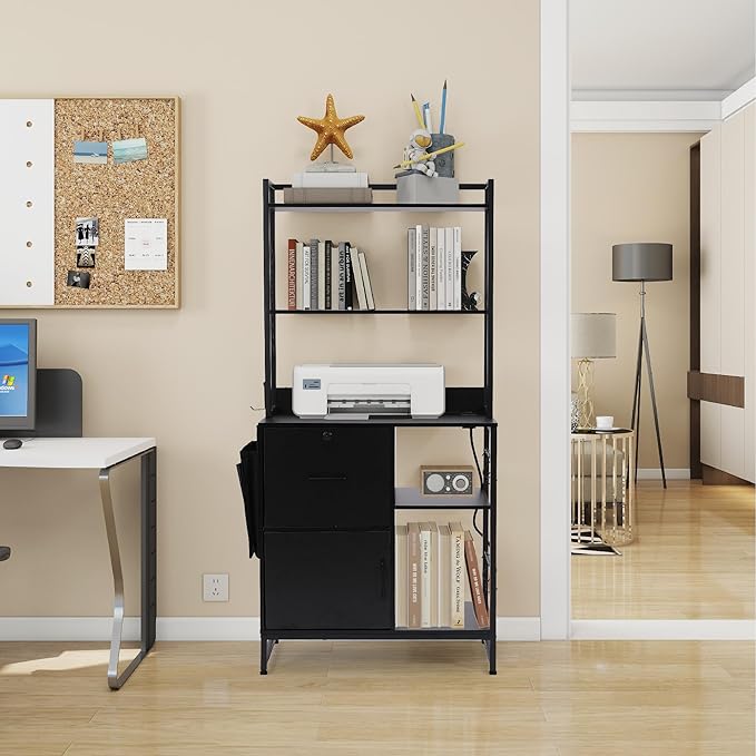 Vertical File Cabinet,Filing Cabinet with Shelves,Charging Station,Hanging Pouch and Hooks,Vertical Filing Cabinet Fits Letter/A4/Legal Size (Black)