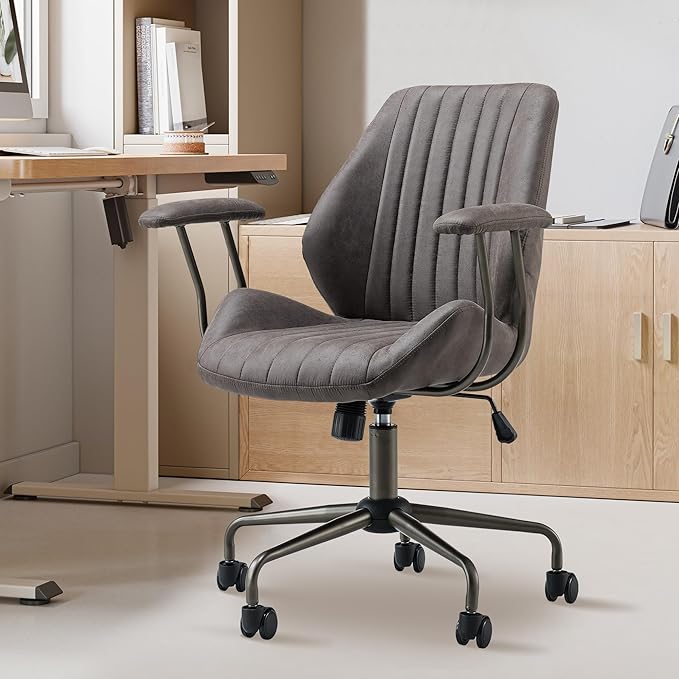 Mid Back Office Chair Mid Century Modern Executive Chair,Lumbar Support Ergonomic Home Office Desk Chair,Rolling Swivel Task Chair Task Chair Armrests Height Adjustable,350lbs (Gray)