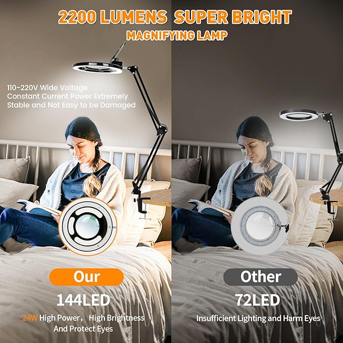 10X Long Magnifying Glass with Light, 2200 Lumen & 24W Stepless Dimming LED Magnifying Lamp with Clamp, Adjustable Swing Arm Lighted Magnifier Light, Hands Free Craft Lamp for Hobby Repair Reading