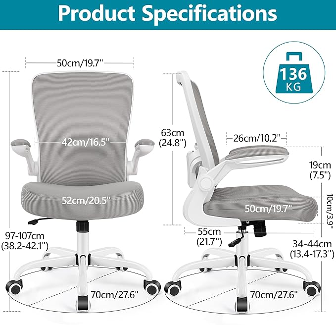FelixKing Office Chair, Ergonomic Desk Chair Breathable Mesh Chairs Adjustable High Back Lumbar Support Flip-up Armrests, Executive Rolling Swivel Comfy Computer Chairs Home Office Gray