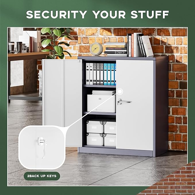Greenvelly Metal Cabinet, 36" Locking Storage File Cabinet with Doors and Shelves for Office,Home,Gym,School,Kitchen(Grey White)
