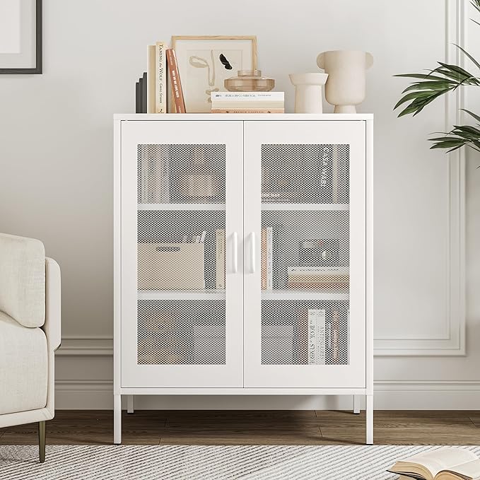 White Metal Storage Cabinet with Mesh Doors, Small Office Storage Cabinet with 2 Adjustable Shelves, Accent Metal Locker Storage Cabinet for Home, Office, Living Room, Hallway