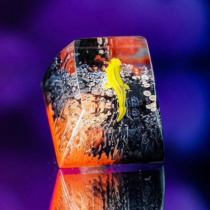 Yellow Axolotl in Red Black Ocean Coral Artisan Keycap R1 SA Profile Custom Animal Keycaps 1U ESC Handmade Gaming Resin Key Cap Cherry MX Switch Compatible Mechanical Keyboard Axolotl Lover Gift