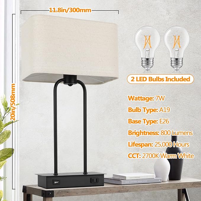 Set of 2 Wireless Charging Touch Control 3-Way Dimmable Table Lamps, Beside Nightstand Lamps for Bedroom with USB Port & AC Outlet, Living Room Office End Table Modern Black Lamps, LED Bulbs Included