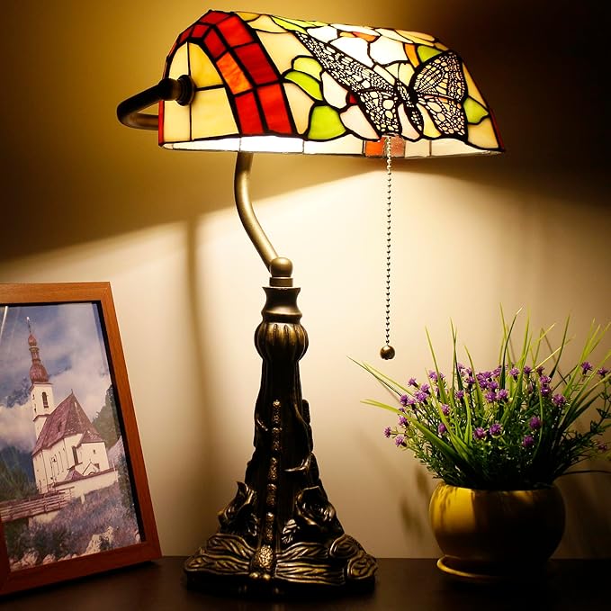 Tiffany Banker Lamp Small Stained Glass Table Lamp Tiffany Style Piano Light Desk Lamp Angle Adjustable 10.6X15.7 Inch for Home Office Living Room Bedroom (Butterfly in Flower Style)
