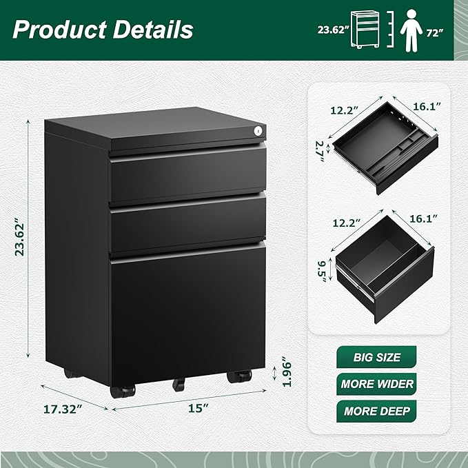 Superday File Cabinet 3 Drawer, Metal Rolling Vertical Filing Cabinet with Wheels, Small Under Desk File Cabinets for Home Office (Black)
