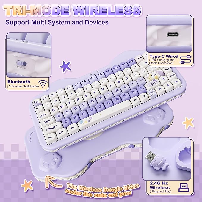 YUNZII C75 Wireless Mechanical Keyboard,75% Layout, Hot-Swappable NKRO,BT5.0/2.4G/USB-C Mode,Dye-Sub PBT MOA Keycaps,RGB Gasket Mount,Cute Cake Design for Mac/Win/Gaming (Purple, Milk V2 Switch)
