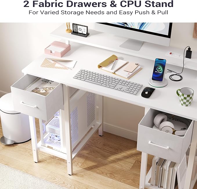 White Computer Desk with Drawers, 42 Inch Home Office Desk Study Writing Table, Gaming Desk with USB Power Outlets, Office Desk with Fabric Drawer, Work Table with Shelf for Bedroom, White