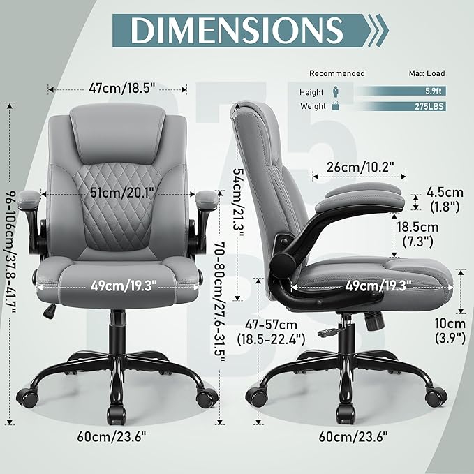 Leather Office Chair, PU Home Computer Desk Chairs with Ergonomic Back Support, 360°Swivel Free,Small Gaming Chair with Wheels and Adjustable Armrests, for Short People Use, Gray