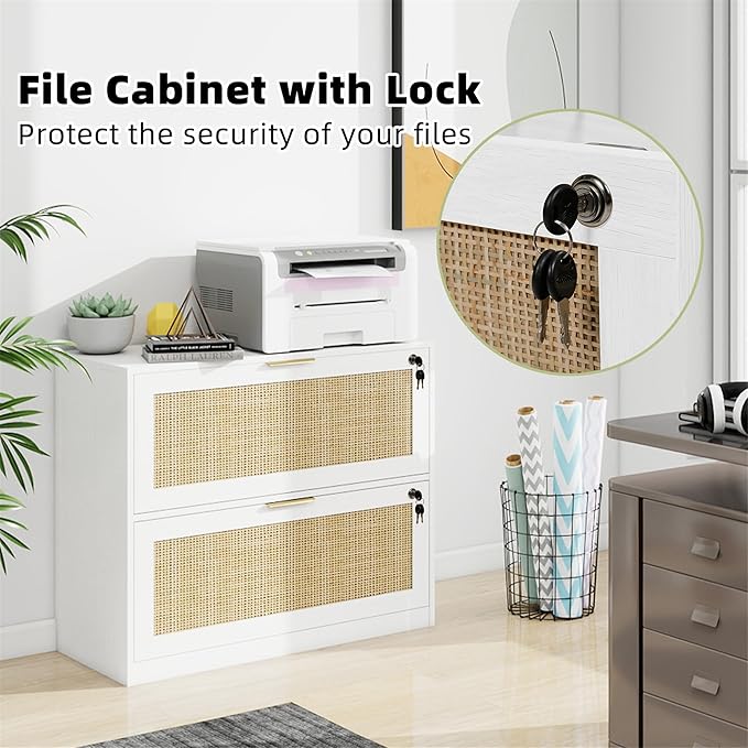 HOPUBUY 2 Drawer File Cabinet with Lock, Printer Stand Lateral Filing Cabinets for Home Office and School, Wood Rattan File Cabinet for Hanging Files/Letter/Legal/A4/F4 Size, White