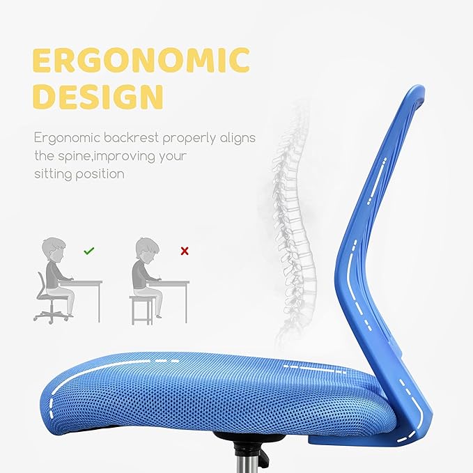 Yaheetech Students Desk Chair Low-Back Armless Study Chair Cute with Lumbar Support Adjustable Height for Youth, Blue