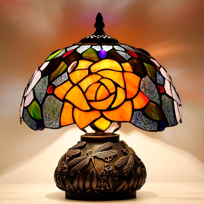 Small Tiffany Table Lamp Yellow Purple Rose Style Stained Glass Desk Lamp 10X11.5 Inch Mushroom Table Light for Office Home Living Room Bedroom