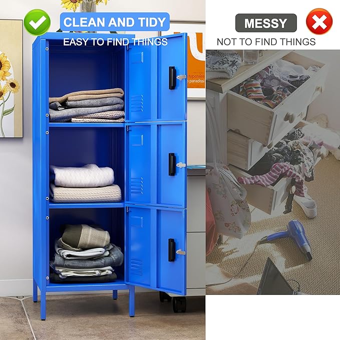 Metal Locker with Ventilation Holes, Metal Storage Cabinet with Lock and Card Slof for Home,School, Office, Gaeage,47.3" H x 15.8" W x 15.8" D,Assembly Required,Blue
