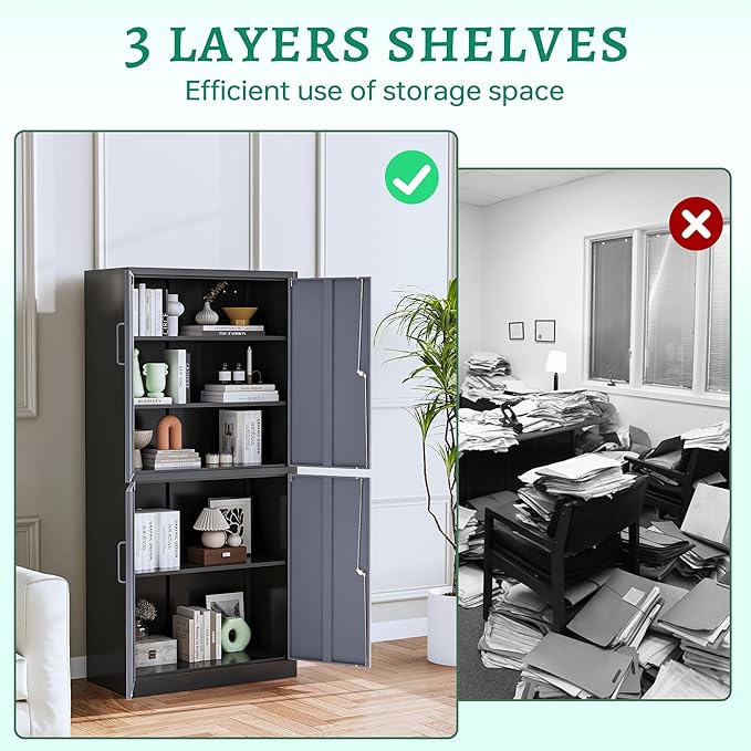 Letaya Metal Storage Cabinets with Lock Door and Shelves, Steel Garage Tool Cabinets for Home,Office, Warehouse,Lockers(71"-Black Gray)