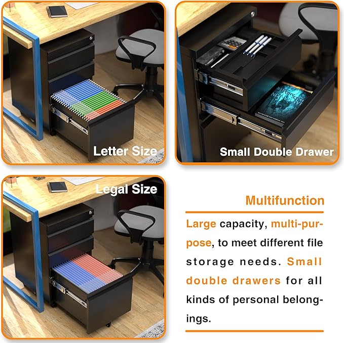 Metal Rolling File Cabinet with 3 Drawers, Under Desk Mobile Filing Storage Cabinet with Lock for Home Office Scool,Fully Assembled Except Wheels,Black
