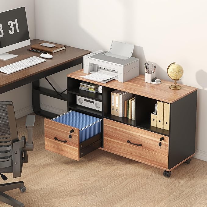 Semoic 2 Drawer File Cabinet for Home Office, Lockable Rolling Filing Cabinet with Adjustable Shelves, Wood Lateral File Cabinet with Lock, Printer Stand Office Storage Cabinet, Rustic Brown & Black
