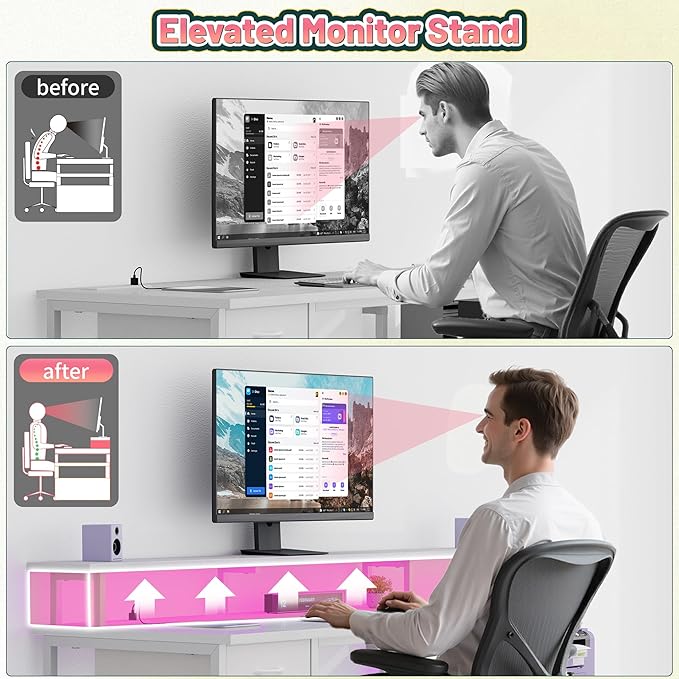 55" W Computer Desk, Office Desk with LED & Power Outlet, Gaming Desk with Printer Storage Shelves & Storage Drawer, Study Table with Monitor Shelf, Dorm Room Essentials, White