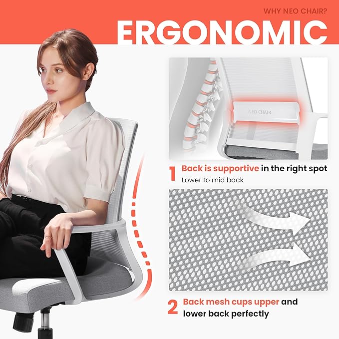 NEO CHAIR Office Chair Gaming Desk Computer Chair Ergonomic Mesh Mid Back with Wheels Lumbar Support Comfy Swivel Adjustable for Home (Grey)