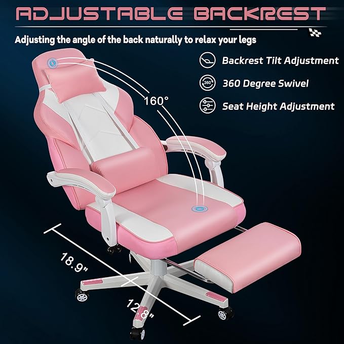 Meilocar Gaming Chair with Footrest, Video Game Chair for Adults Ergonomic Big and Tall Computer Chairs with Massage Lumbar Support 330lbs, 360° Swivel Seat (Pink)