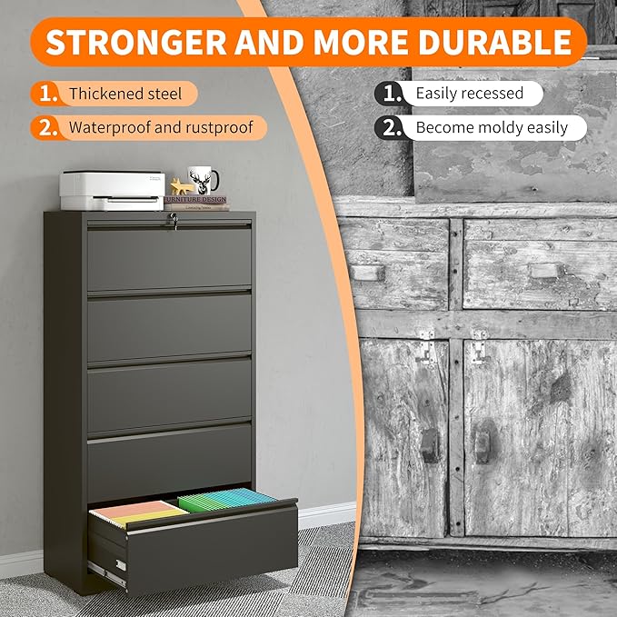 5 Drawer Lateral File Cabinet with Lock,Heavy Duty Large Metal Filing Cabinet Home Office Horizontal File Cabinets Wide Steel Cabinet for Legal/Letter Size File,Assembly Required