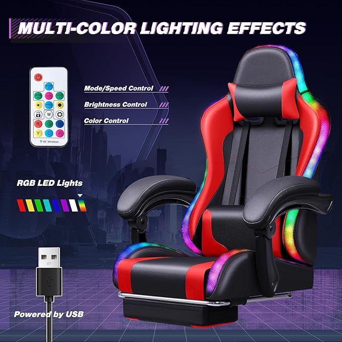 Homall Gaming Chair, Video Game Chair with Footrest and Massage Lumbar Support, Ergonomic Computer Chair Height Adjustable with Swivel Seat and Headrest (RGB Red)