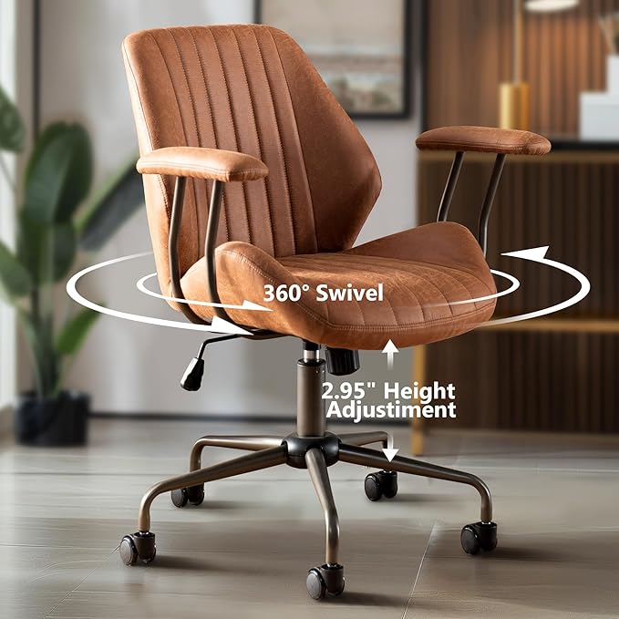 Mid Century Modren Office Chair,Mid Back Ergonomic Executive Chair with Lumbar Support, Computer Desk Swivel Task Chair with Wheels, Faux Lether Suede Fabric Home Chair, Brown