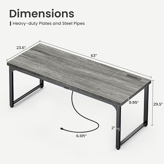 Huuger 63 x 24 inch Desk with Power Outlets & USB-C, Deeper & Thicker Desktop, Robust Metal Tubes, Computer Desk, Heavy Duty Office Desk, Work Gaming Desk, for Home Office, Grey