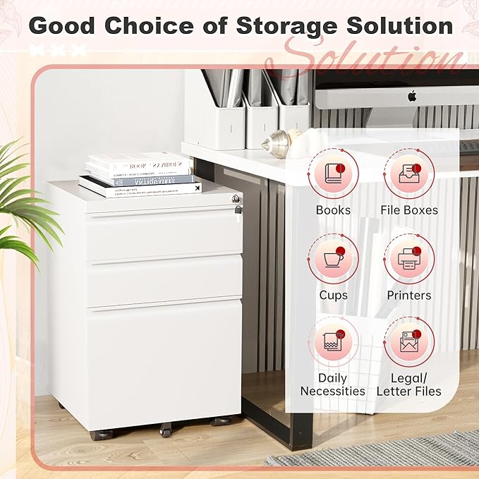 Superday White 3 Drawer Mobile Locking File Cabinet, Metal Rolling Vertical Filing Cabinet with Drawers, Small Under Desk File Cabinets for Office and Home, Fully Assemble