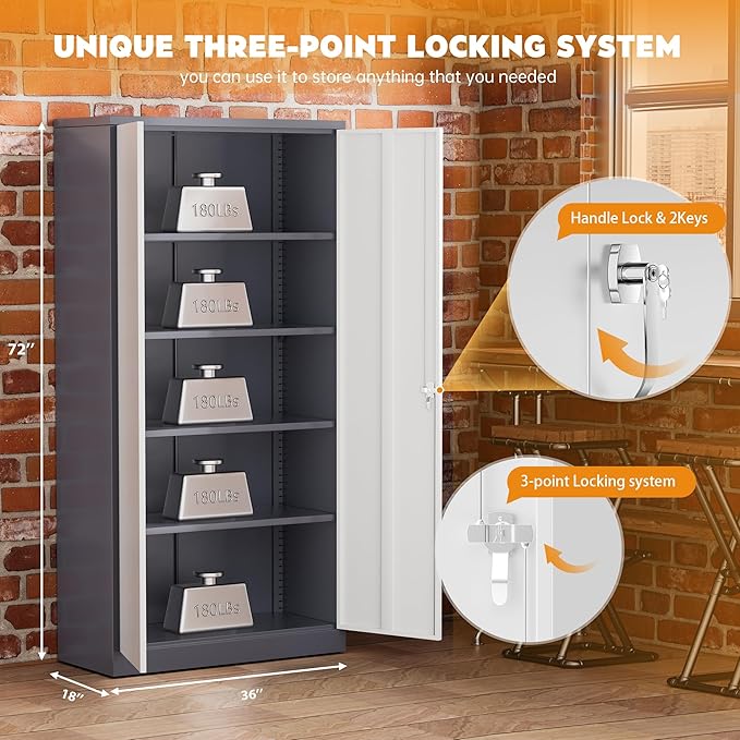 Greenvelly Metal Storage Cabinet with 2 Doors and 4 Adjustable Shelves,72" Locking Metal Garage Cabinet, Steel Tool Cabinets, Lockable Filling Cabinet for Home, Office, Garage, School(36" W x 18" D)
