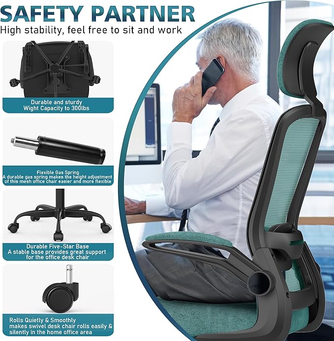 Ergonomic Office Chair for Long Hours & Back Pain Relief – Adjustable Lumbar Support & Headrest, High-Density Foam Cushion, Flip-Up Armrests, Perfect for Work & Study, Green