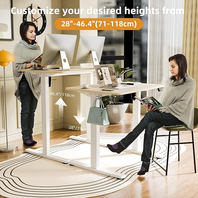 ERGOMAKER Electric Standing Desk, 31.5" x 23.6" Height Adjustable Sit Stand Desk with Splice Board for Home Office, Computer Desk Memory Preset (White Frame, Gold Oak Desktop)