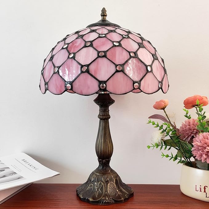 Tiffany Lamp Stained Glass Table Lamp Antique Bedside Desk Reading Light 3-Way Color LED Living Room Nightstand Light 12X12X19 Inches Home Office Desk Light Pink Pearls Style