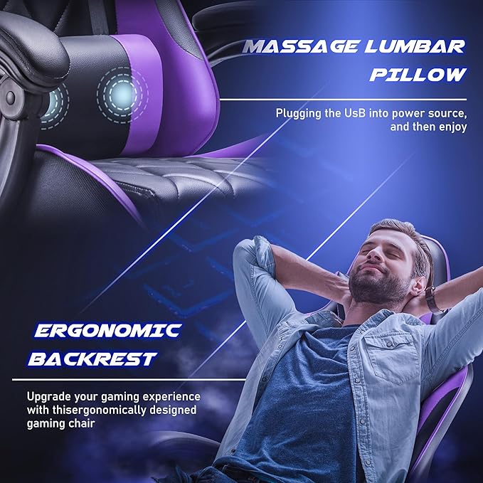 Homall Gaming Chair, Computer Chair with Footrest and Massage Lumbar Support, Ergonomic High Back Video Game Chair with Swivel Seat and Headrest (Purple)