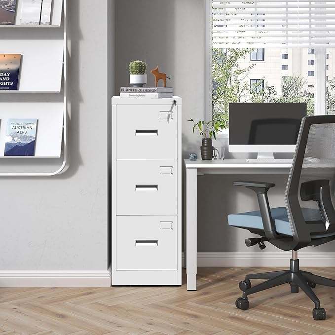 3 Drawer File Cabinet with Lock and Card Slot, Metal Vertical Filing Cabinets for Home Office, Steel Storage Cabinet for Hanging Legal/Letter Size Files, Assembly Required (White)