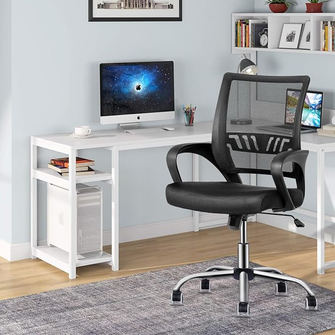 MoNiBloom Office Swivel Desk Mesh Chair, Mid Back Ergonomic Rolling Computer Task Chair with Lumbar Support, Adjustable Height/Tilt, Black