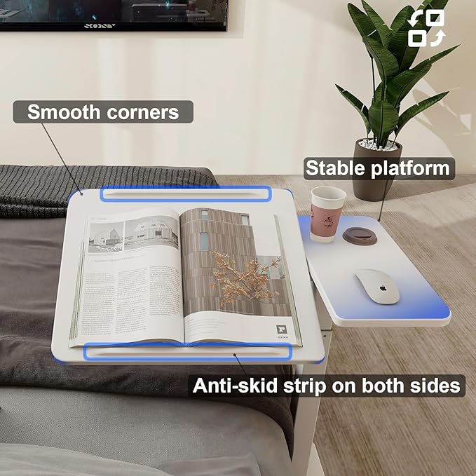 PUNCIA Height Adjustable Overbed Table with Pneumatic Lift and Wheels Split Top Tilting Tray and Rolling Laptop Desk – Bedside Cart for Reading Computer Work Study in Bedroom and Home Office
