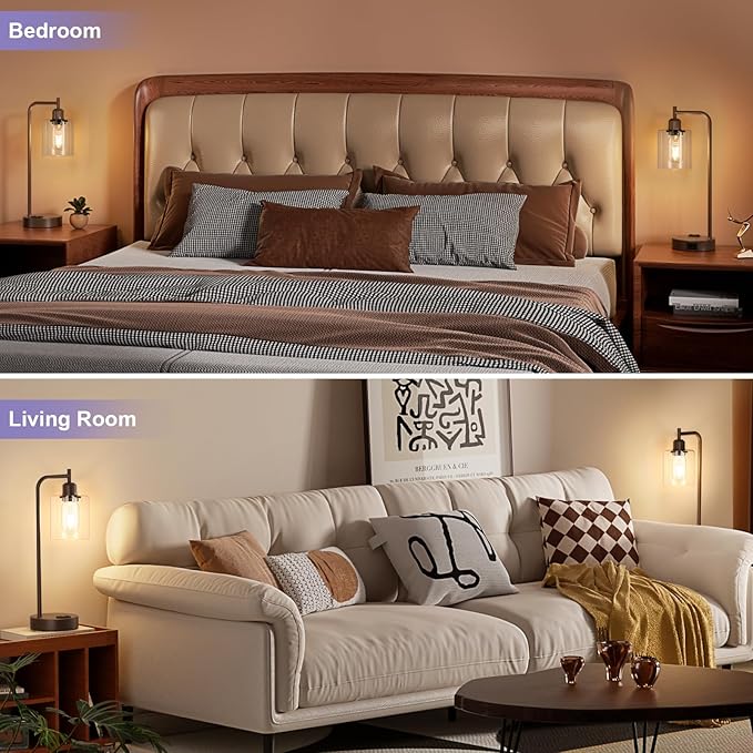 Innqoo Industrial Touch Table Lamps for Bedrooms Set of 2-3-Way Dimmable Lamps with USB C+A Ports and Outlet, Brown Bedside Lamps with Clear Glass Shade for Living Room, Desk Lamps for Home Office