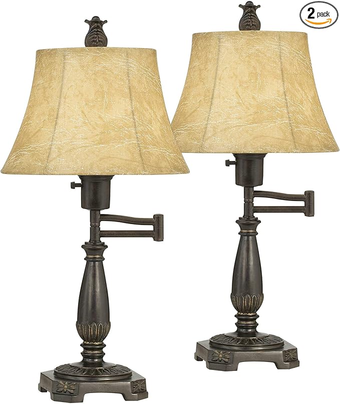 Regency Hill Traditional Rustic Natural Cottage Swing Arm Desk Table Lamps 22.5" High Set of 2 Bronze Brown Faux Leather Bell Shade Decor Living Room Bedroom House Bedside Nightstand Home