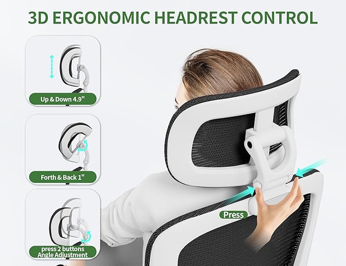 Ergonomic Office Chair - Computer Desk Chair with Adjustable Lumbar Support - 400lbs Executive Desk Chair High Back with Headrest Flip-Up Arms for Long Hours, Rolling Chair (White Black)