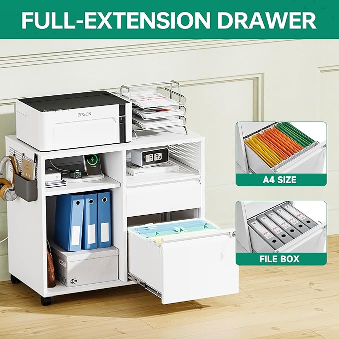 Letaya Mobile File Cabinet, Metal Lateral Rolling Printer Stand Filing Cabinets with Shelves for Home Office-Storage A4/F4/Letter (White)