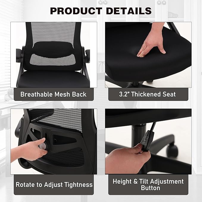 Sophia & William Ergonomic Mesh Office Desk Chair High Back, 360° Swivel Rocking Executive Computer Chair with Flip-up Armrests, Height Adjustable Lumbar Support, Black, Load Capacity: 300 lbs