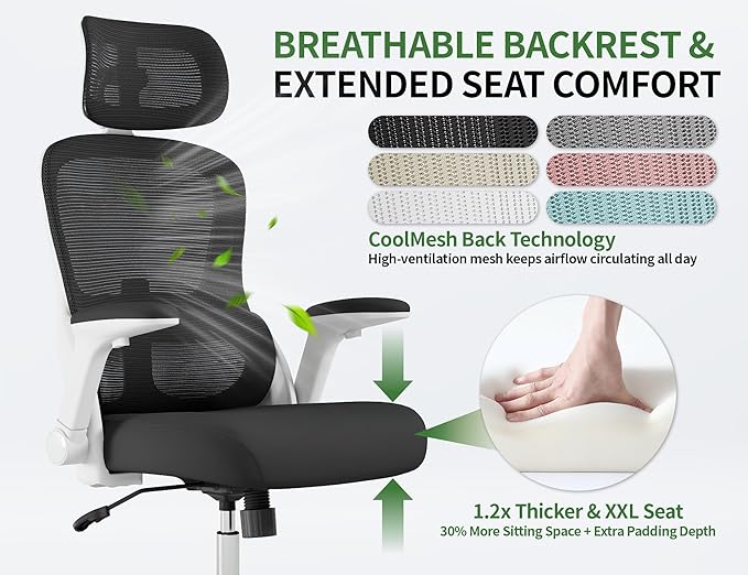 Ergonomic Office Chair - Computer Desk Chair with Adjustable Lumbar Support - 400lbs Executive Desk Chair High Back with Headrest Flip-Up Arms for Long Hours, Rolling Chair (White Black)